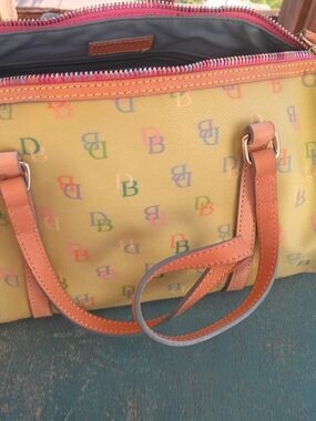 Dooney & Bourke Key Lime With Multicolor DB Logo Tote. Inside Grey
